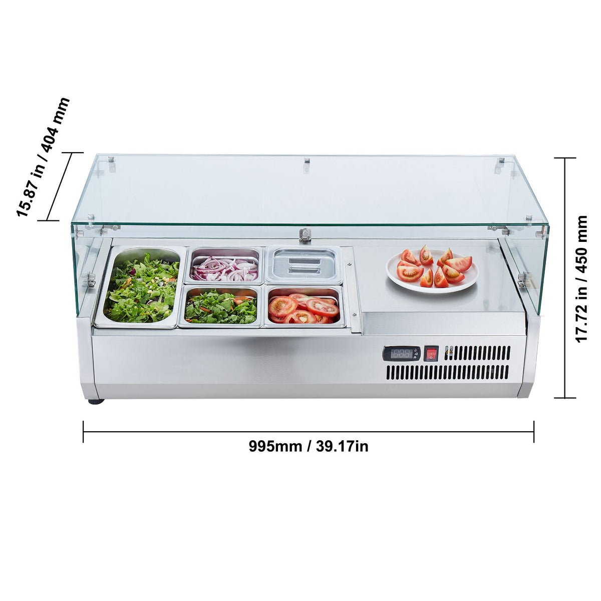 Refrigerated Condiment Prep Station, 130 W Countertop Refrigerated Condiment Station, with 1 1/3 Pan & 4 1/6 Pans, 304 Stainless Body and PC Lid, Sandwich Prep Table with Glass Guard, ETL