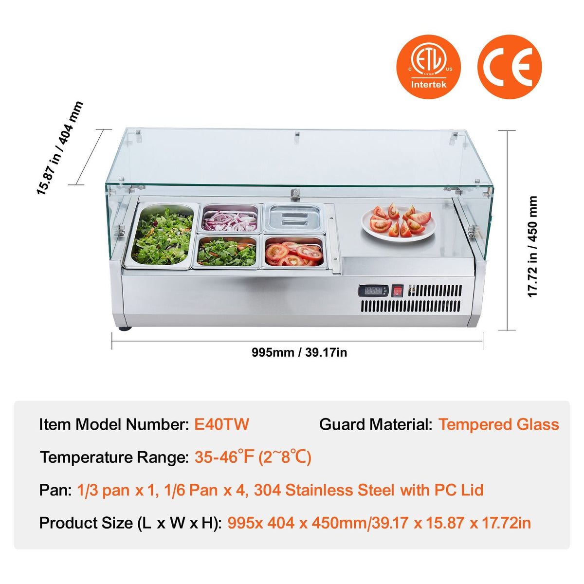 Refrigerated Condiment Prep Station, 130 W Countertop Refrigerated Condiment Station, with 1 1/3 Pan & 4 1/6 Pans, 304 Stainless Body and PC Lid, Sandwich Prep Table with Glass Guard, ETL