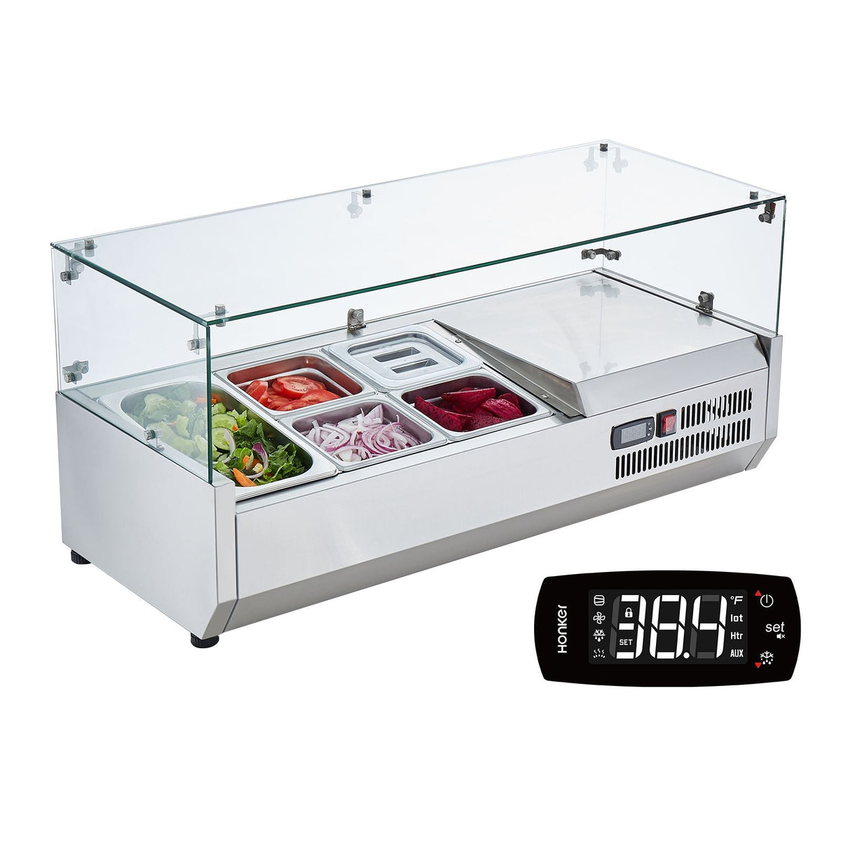 Refrigerated Condiment Prep Station, 130 W Countertop Refrigerated Condiment Station, with 1 1/3 Pan & 4 1/6 Pans, 304 Stainless Body and PC Lid, Sandwich Prep Table with Glass Guard, ETL