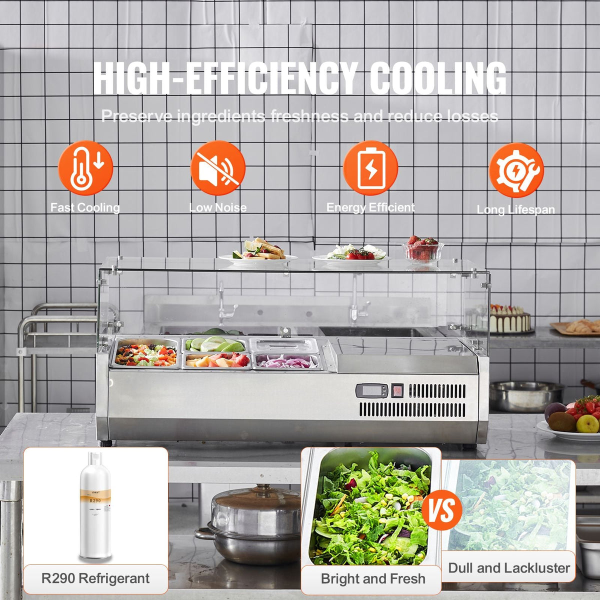 Refrigerated Condiment Prep Station, 130 W Countertop Refrigerated Condiment Station, with 1 1/3 Pan & 4 1/6 Pans, 304 Stainless Body and PC Lid, Sandwich Prep Table with Glass Guard, ETL