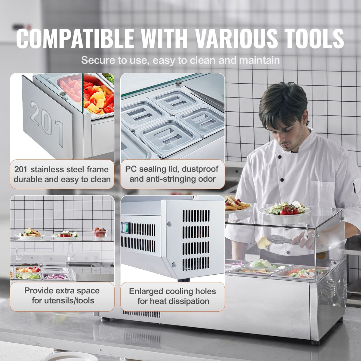 Refrigerated Condiment Prep Station, 130 W Countertop Refrigerated Condiment Station, with 1 1/3 Pan & 4 1/6 Pans, 304 Stainless Body and PC Lid, Sandwich Prep Table with Glass Guard, ETL