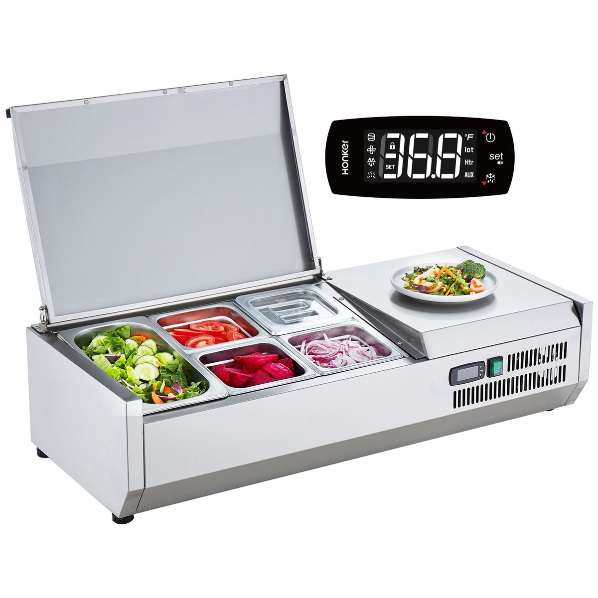 Refrigerated Condiment Prep Station, 130 W Countertop Refrigerated Condiment Station, with 1 1/3 Pan & 4 1/6 Pans, 304 Stainless Body and PC Lid, Sandwich Prep Table with Stainless Guard, ETL
