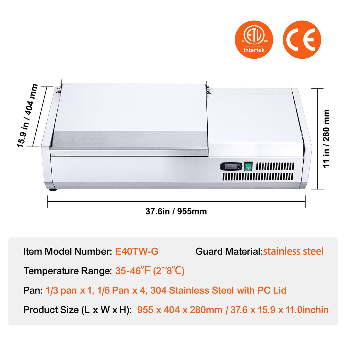 Refrigerated Condiment Prep Station, 130 W Countertop Refrigerated Condiment Station, with 1 1/3 Pan & 4 1/6 Pans, 304 Stainless Body and PC Lid, Sandwich Prep Table with Stainless Guard, ETL