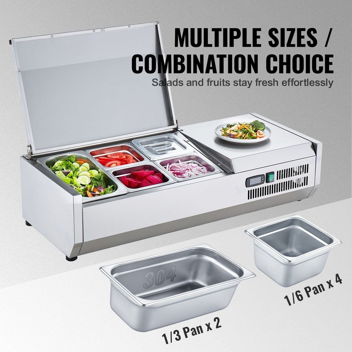 Refrigerated Condiment Prep Station, 130 W Countertop Refrigerated Condiment Station, with 1 1/3 Pan & 4 1/6 Pans, 304 Stainless Body and PC Lid, Sandwich Prep Table with Stainless Guard, ETL