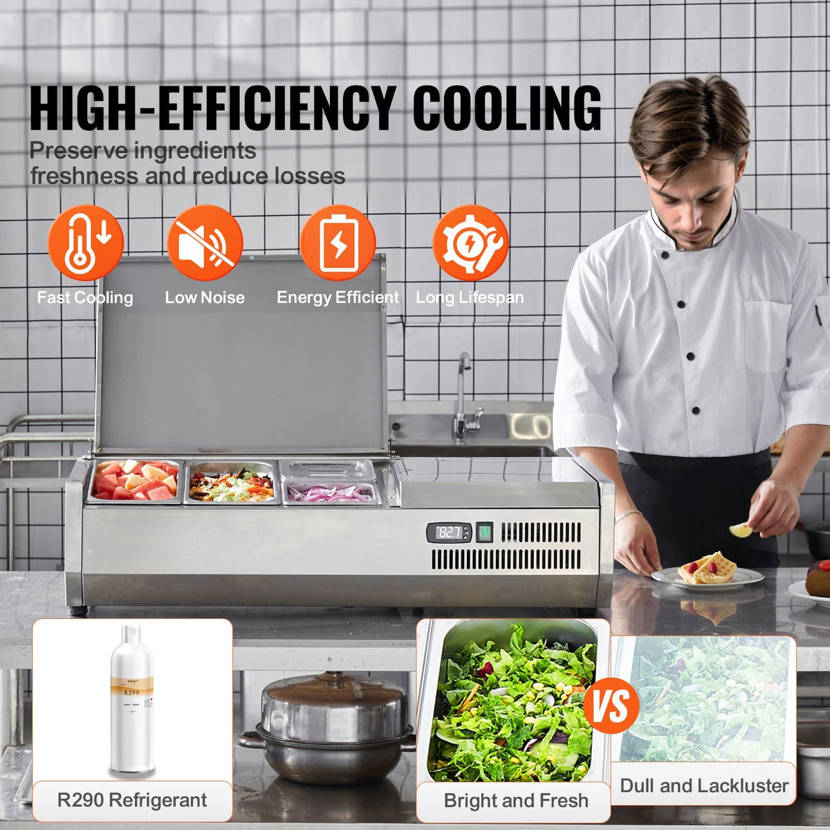 Refrigerated Condiment Prep Station, 130 W Countertop Refrigerated Condiment Station, with 1 1/3 Pan & 4 1/6 Pans, 304 Stainless Body and PC Lid, Sandwich Prep Table with Stainless Guard, ETL