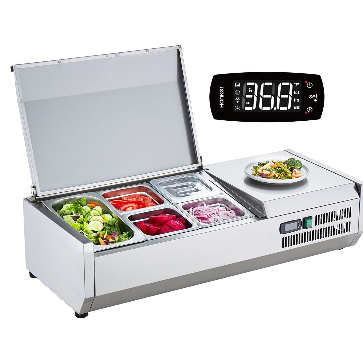 Refrigerated Condiment Prep Station, 130 W Countertop Refrigerated Condiment Station, with 1 1/3 Pan & 4 1/6 Pans, 304 Stainless Body and PC Lid, Sandwich Prep Table with Stainless Guard, ETL