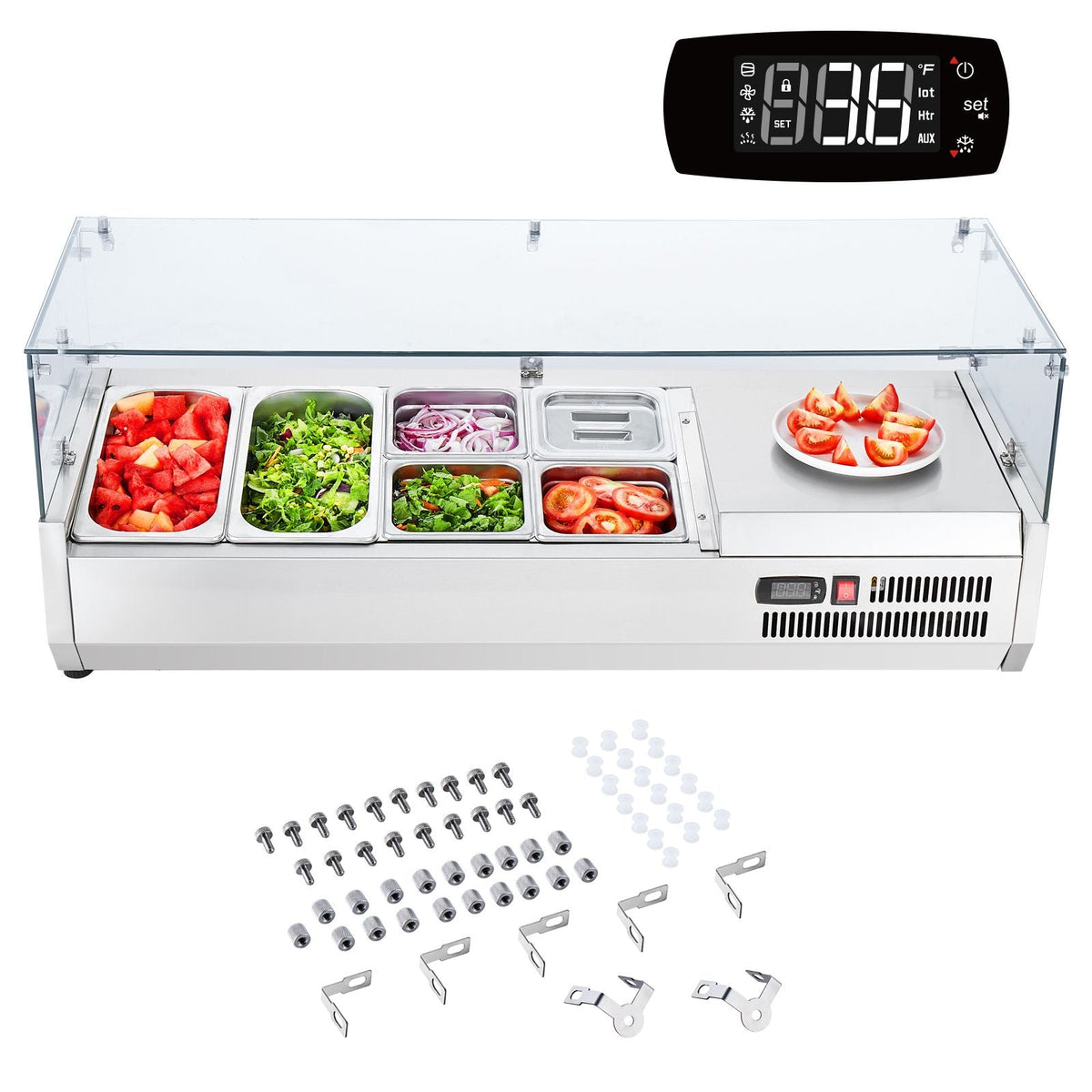 Refrigerated Condiment Prep Station, 135 W Countertop Refrigerated Condiment Station, with 2 1/3 Pans & 4 1/6 Pans, 304 Stainless Body and PC Lid, Sandwich Prep Table with Glass Guard, ETL