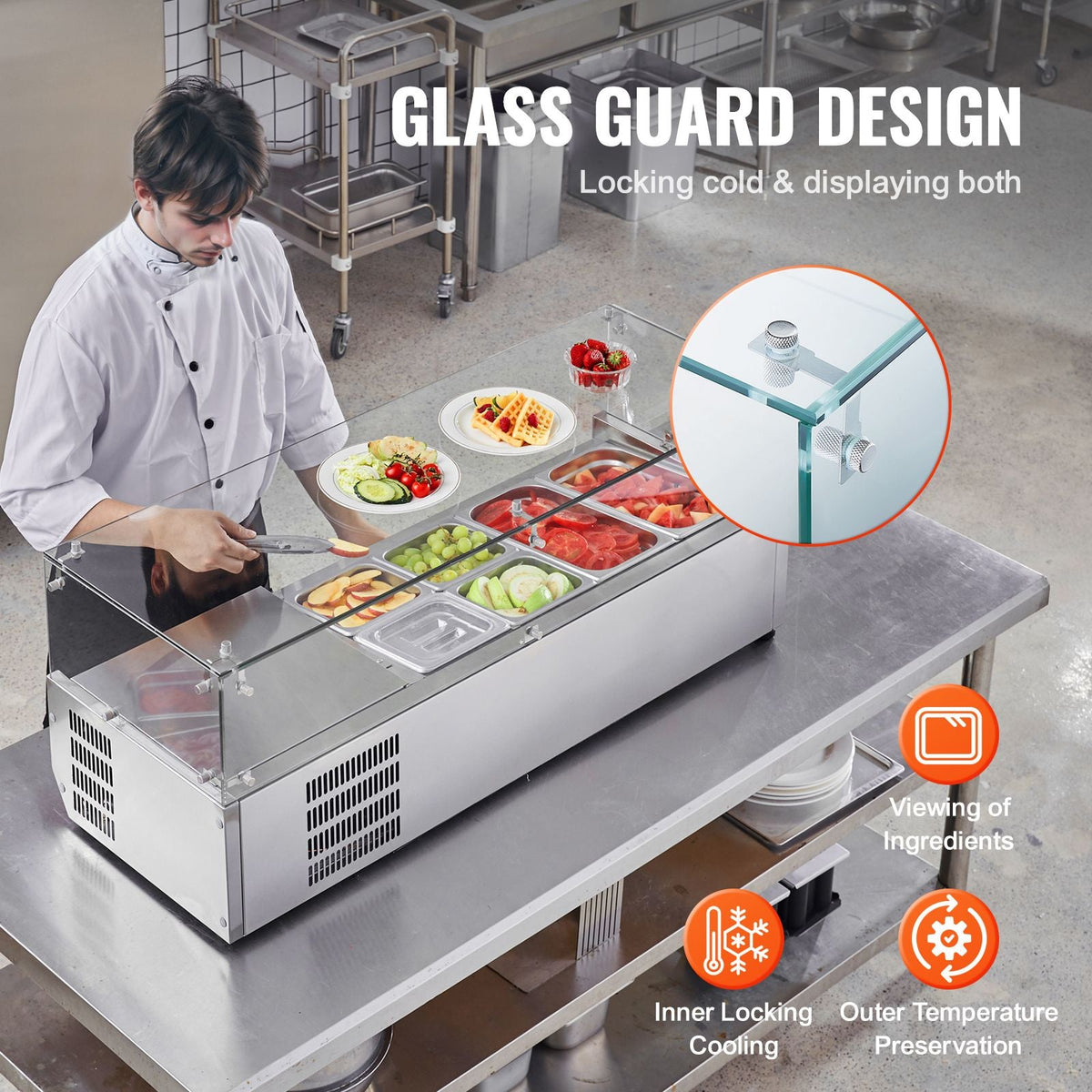 Refrigerated Condiment Prep Station, 135 W Countertop Refrigerated Condiment Station, with 2 1/3 Pans & 4 1/6 Pans, 304 Stainless Body and PC Lid, Sandwich Prep Table with Glass Guard, ETL