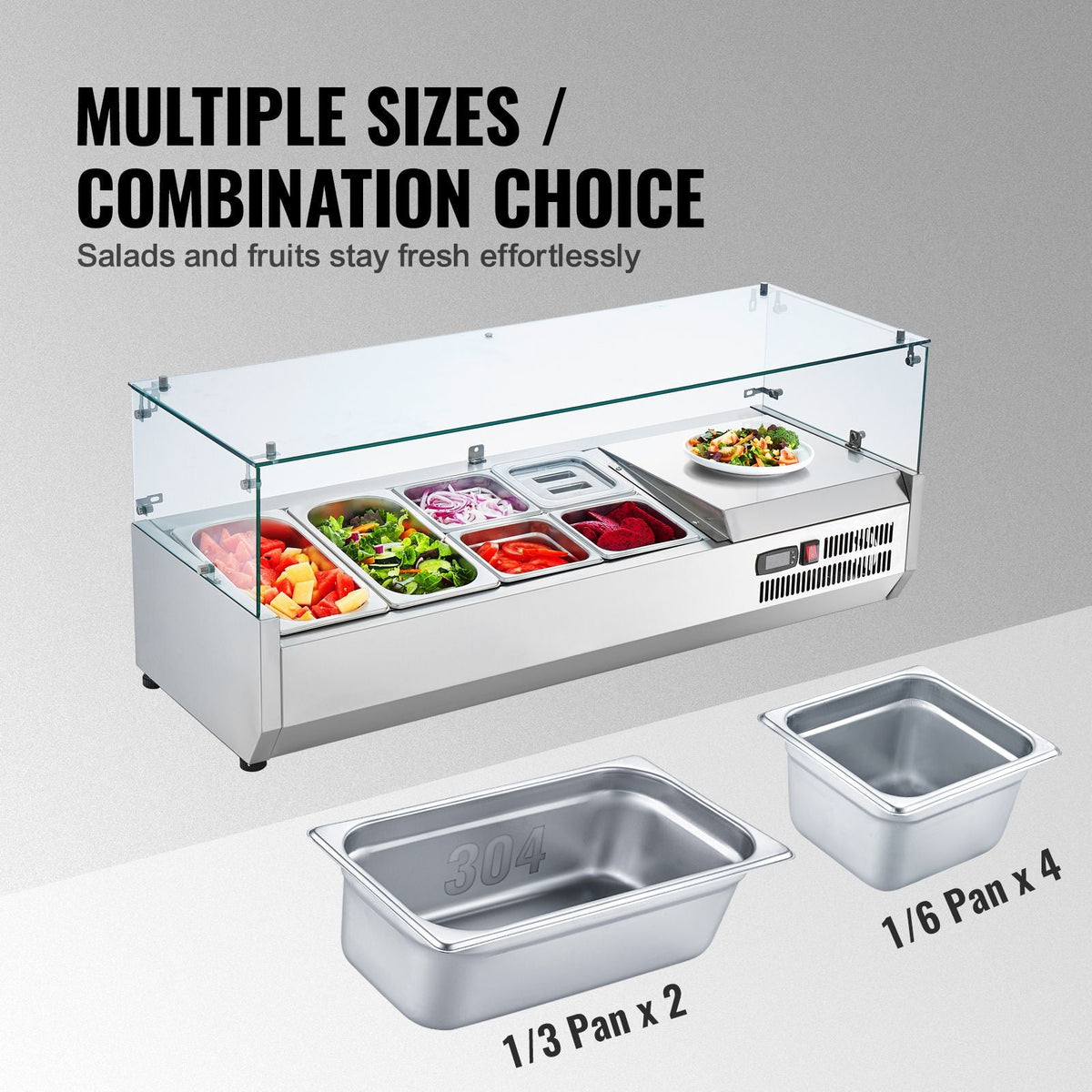 Refrigerated Condiment Prep Station, 135 W Countertop Refrigerated Condiment Station, with 2 1/3 Pans & 4 1/6 Pans, 304 Stainless Body and PC Lid, Sandwich Prep Table with Glass Guard, ETL