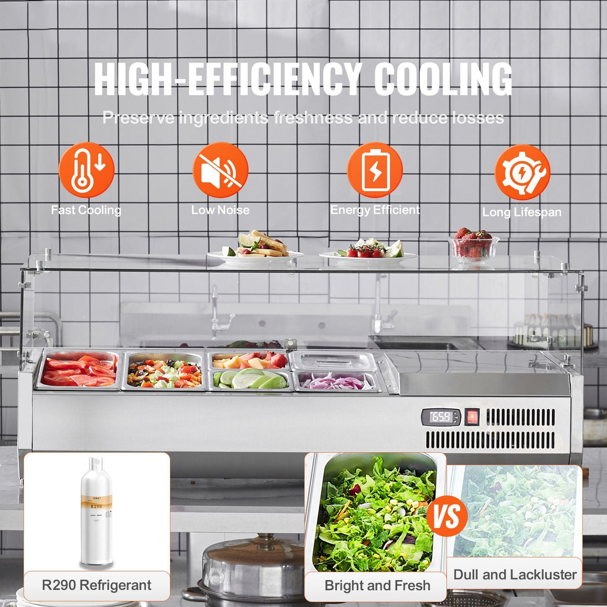 Refrigerated Condiment Prep Station, 135 W Countertop Refrigerated Condiment Station, with 2 1/3 Pans & 4 1/6 Pans, 304 Stainless Body and PC Lid, Sandwich Prep Table with Glass Guard, ETL