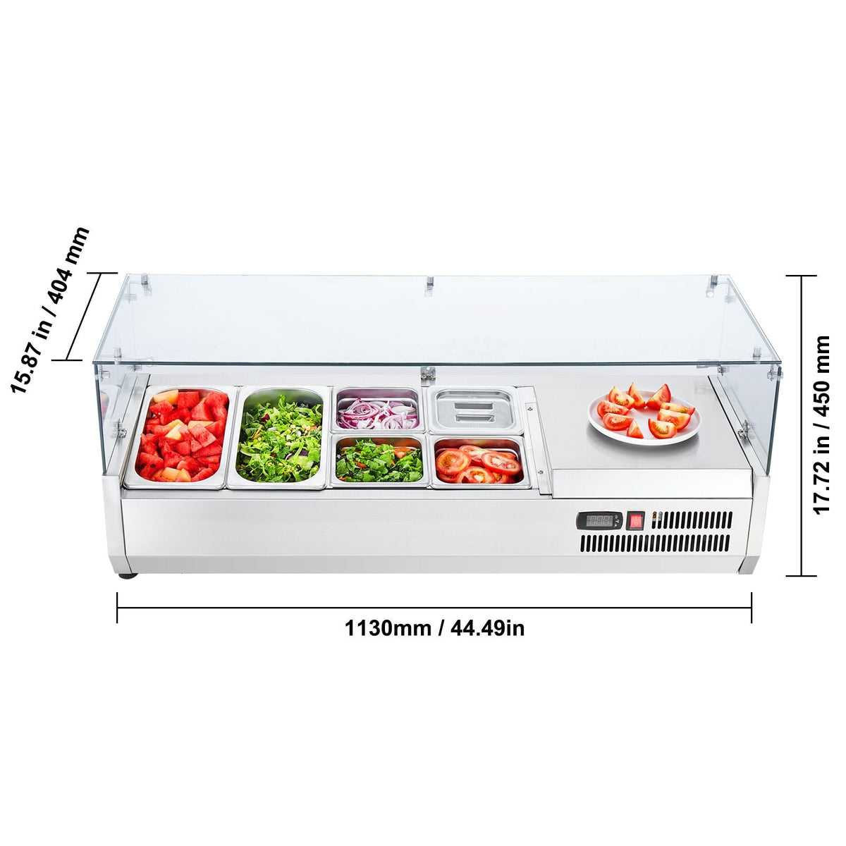 Refrigerated Condiment Prep Station, 135 W Countertop Refrigerated Condiment Station, with 2 1/3 Pans & 4 1/6 Pans, 304 Stainless Body and PC Lid, Sandwich Prep Table with Glass Guard, ETL