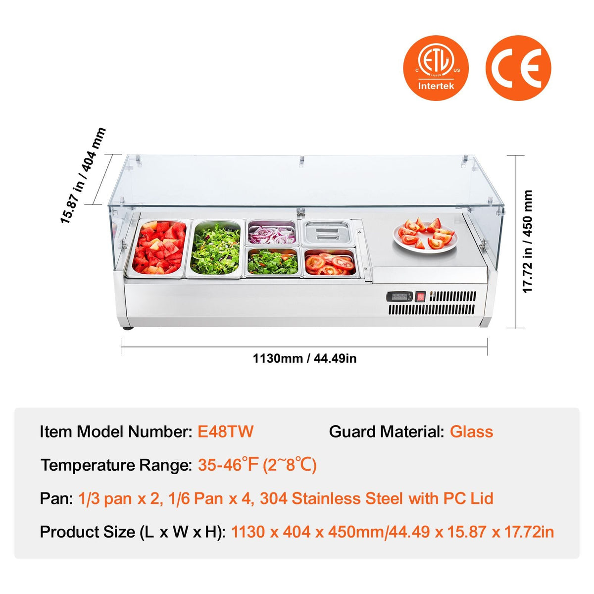 Refrigerated Condiment Prep Station, 135 W Countertop Refrigerated Condiment Station, with 2 1/3 Pans & 4 1/6 Pans, 304 Stainless Body and PC Lid, Sandwich Prep Table with Glass Guard, ETL