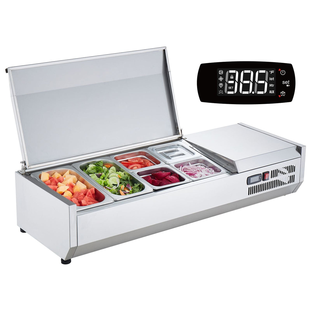 Refrigerated Condiment Prep Station, 135 W Countertop Refrigerated Condiment Station, with 2 1/3 Pans & 4 1/6 Pans, 304 Stainless Body and PC Lid, Sandwich Prep Table with Stainless Guard, ETL