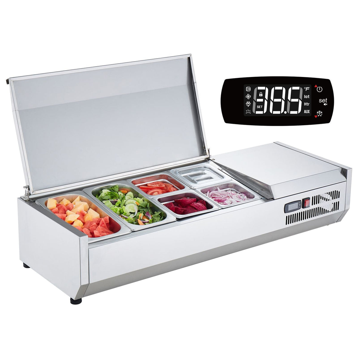 Refrigerated Condiment Prep Station, 135 W Countertop Refrigerated Condiment Station, with 2 1/3 Pans & 4 1/6 Pans, 304 Stainless Body and PC Lid, Sandwich Prep Table with Stainless Guard, ETL