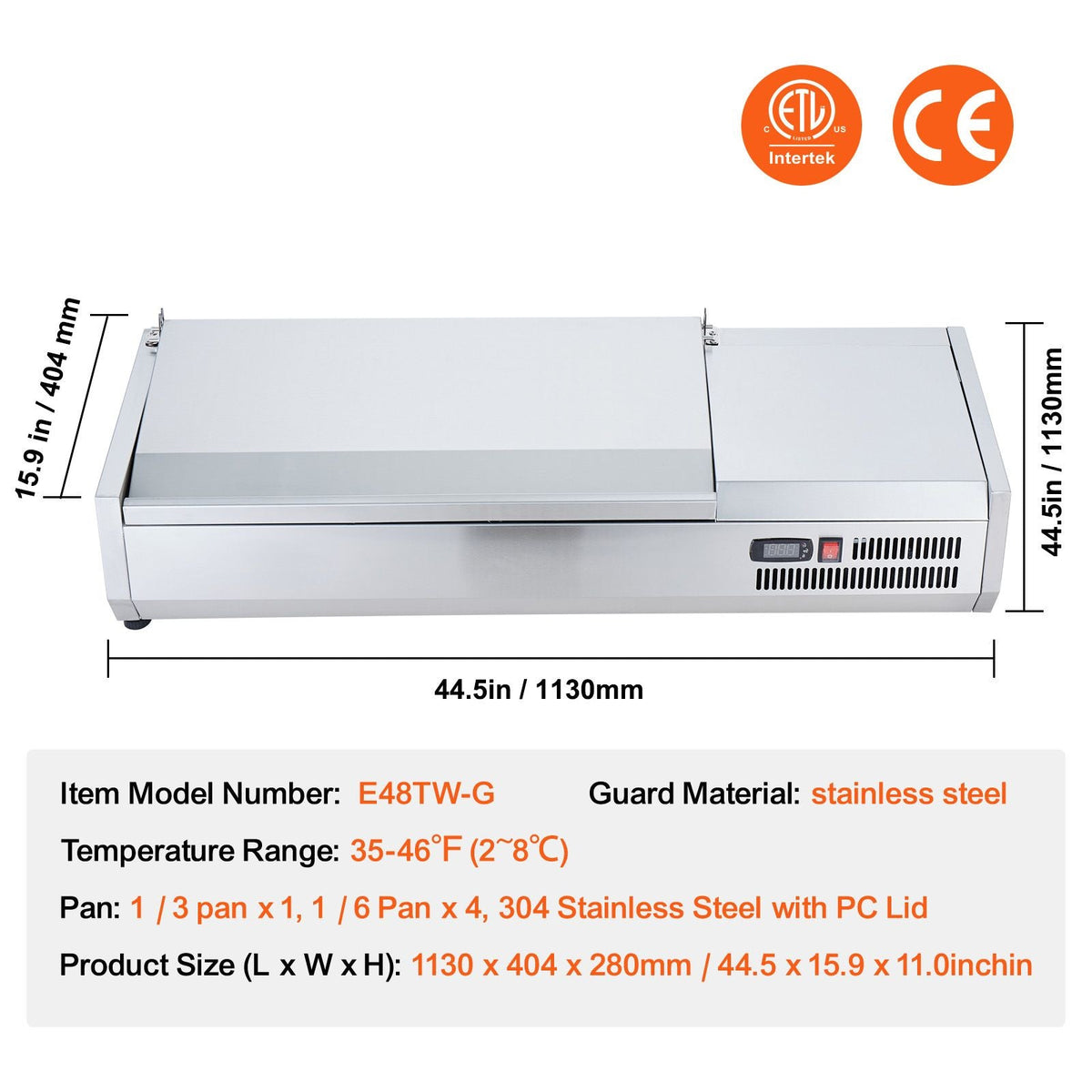 Refrigerated Condiment Prep Station, 135 W Countertop Refrigerated Condiment Station, with 2 1/3 Pans & 4 1/6 Pans, 304 Stainless Body and PC Lid, Sandwich Prep Table with Stainless Guard, ETL