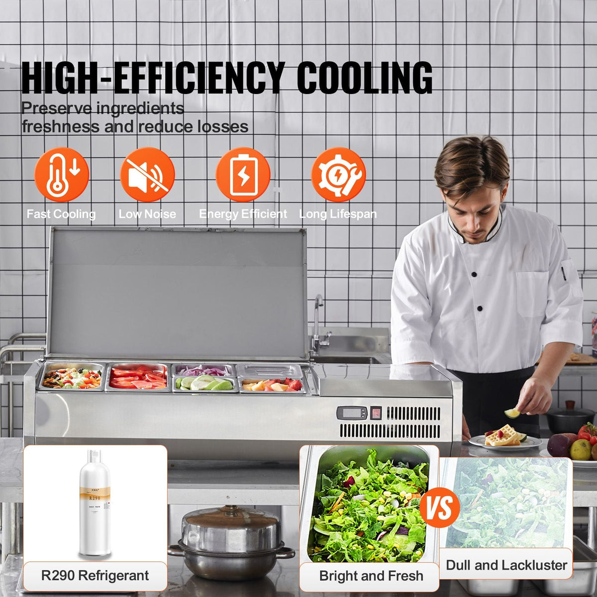 Refrigerated Condiment Prep Station, 135 W Countertop Refrigerated Condiment Station, with 2 1/3 Pans & 4 1/6 Pans, 304 Stainless Body and PC Lid, Sandwich Prep Table with Stainless Guard, ETL