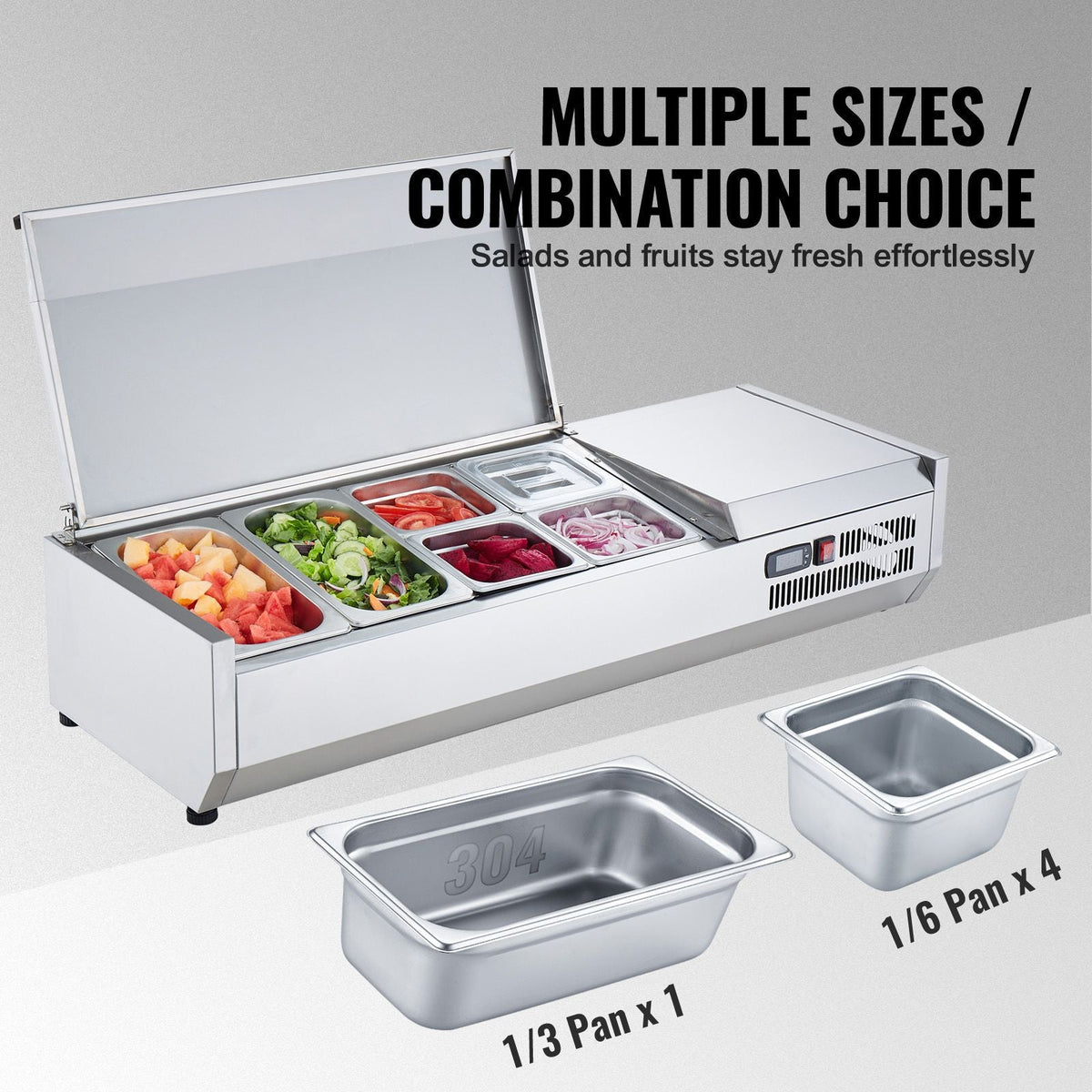 Refrigerated Condiment Prep Station, 135 W Countertop Refrigerated Condiment Station, with 2 1/3 Pans & 4 1/6 Pans, 304 Stainless Body and PC Lid, Sandwich Prep Table with Stainless Guard, ETL