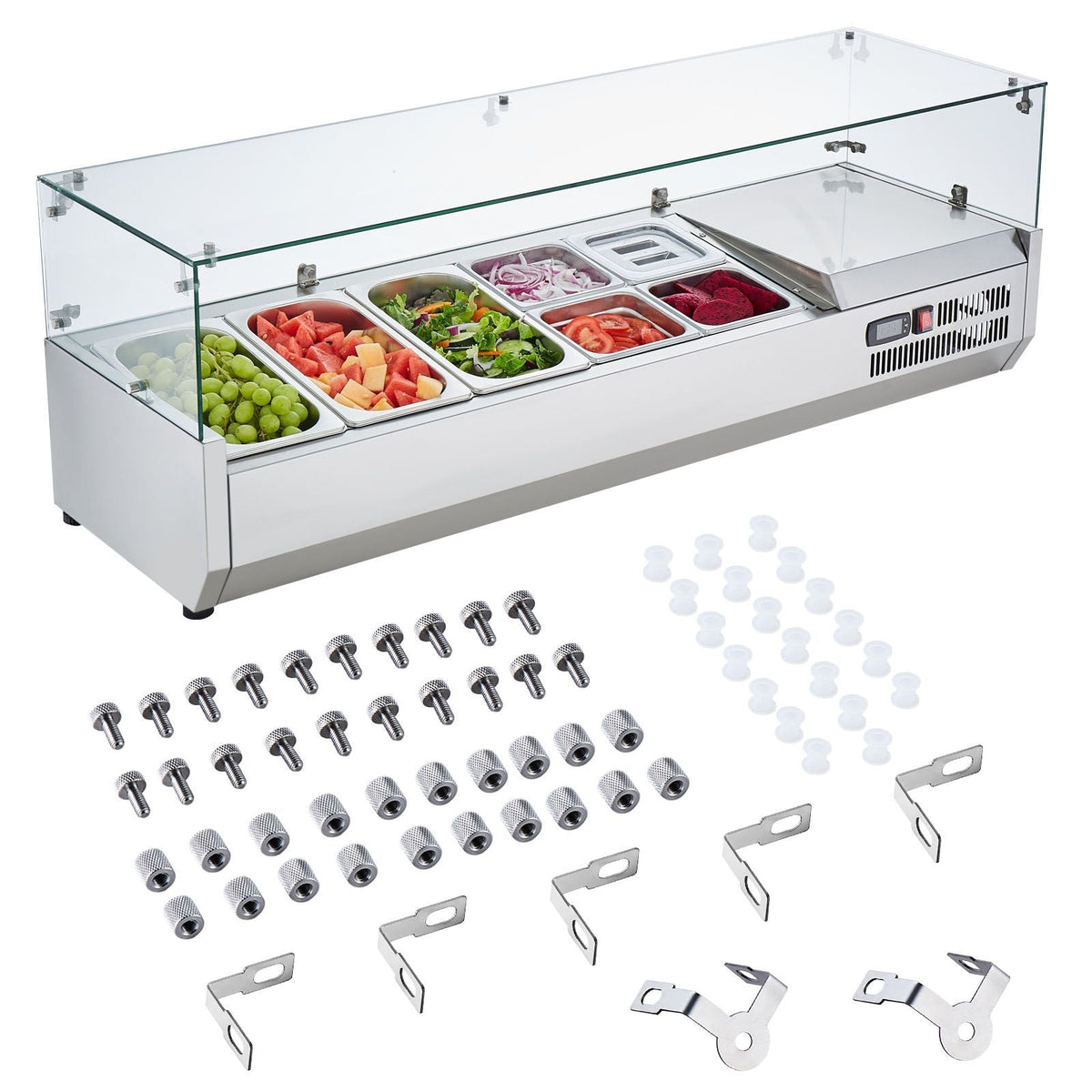 Refrigerated Condiment Prep Station, 140 W Countertop Refrigerated Condiment Station, with 3 1/3 Pans & 4 1/6 Pans, 304 Stainless Body and PC Lid, Sandwich Prep Table with Glass Guard, ETL
