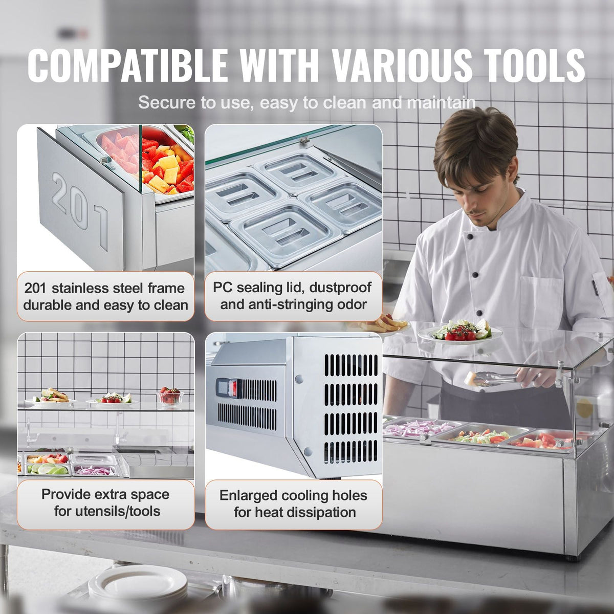Refrigerated Condiment Prep Station, 140 W Countertop Refrigerated Condiment Station, with 3 1/3 Pans & 4 1/6 Pans, 304 Stainless Body and PC Lid, Sandwich Prep Table with Glass Guard, ETL