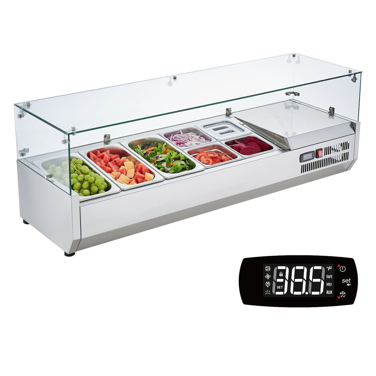 Refrigerated Condiment Prep Station, 140 W Countertop Refrigerated Condiment Station, with 3 1/3 Pans & 4 1/6 Pans, 304 Stainless Body and PC Lid, Sandwich Prep Table with Glass Guard, ETL