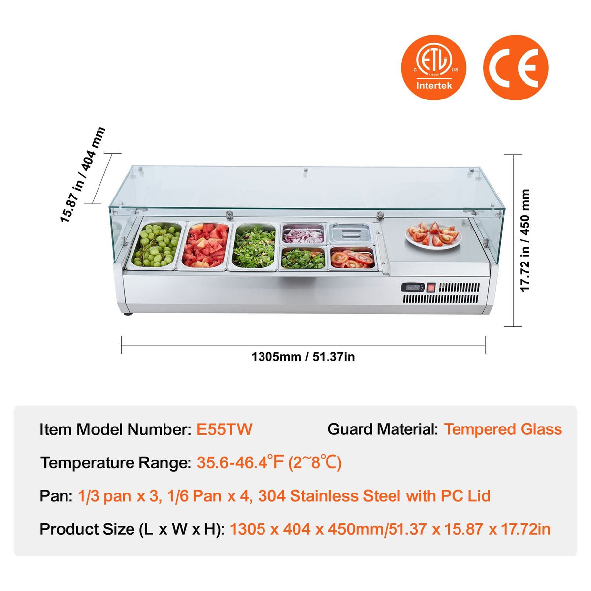 Refrigerated Condiment Prep Station, 140 W Countertop Refrigerated Condiment Station, with 3 1/3 Pans & 4 1/6 Pans, 304 Stainless Body and PC Lid, Sandwich Prep Table with Glass Guard, ETL