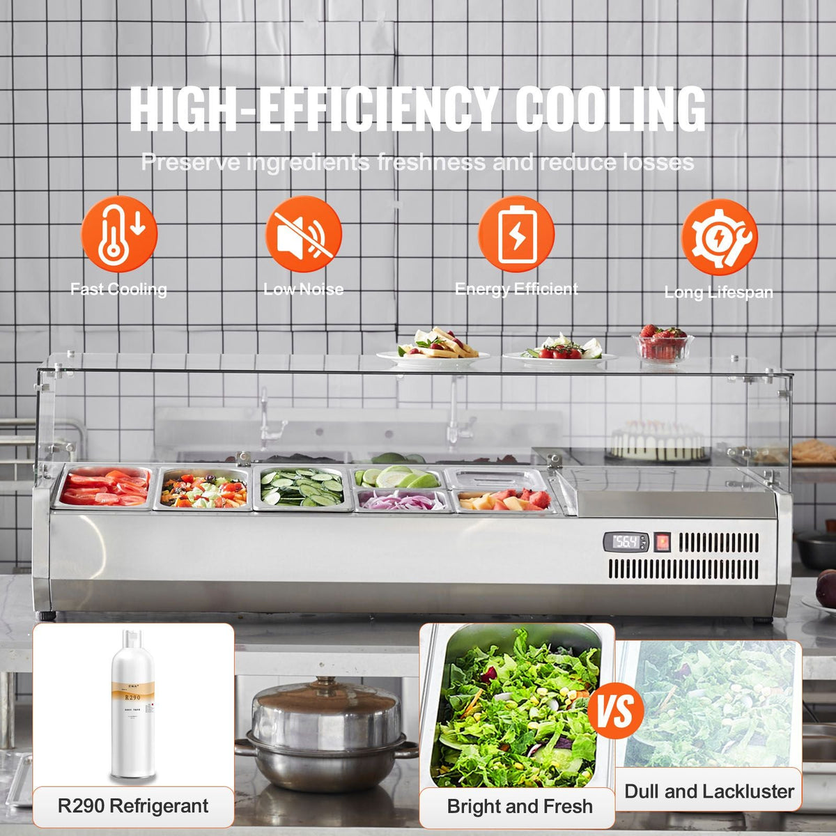 Refrigerated Condiment Prep Station, 140 W Countertop Refrigerated Condiment Station, with 3 1/3 Pans & 4 1/6 Pans, 304 Stainless Body and PC Lid, Sandwich Prep Table with Glass Guard, ETL
