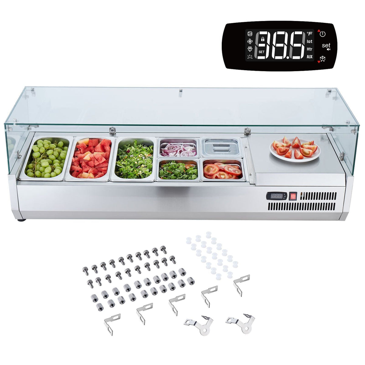 Refrigerated Condiment Prep Station, 140 W Countertop Refrigerated Condiment Station, with 3 1/3 Pans & 4 1/6 Pans, 304 Stainless Body and PC Lid, Sandwich Prep Table with Glass Guard, ETL