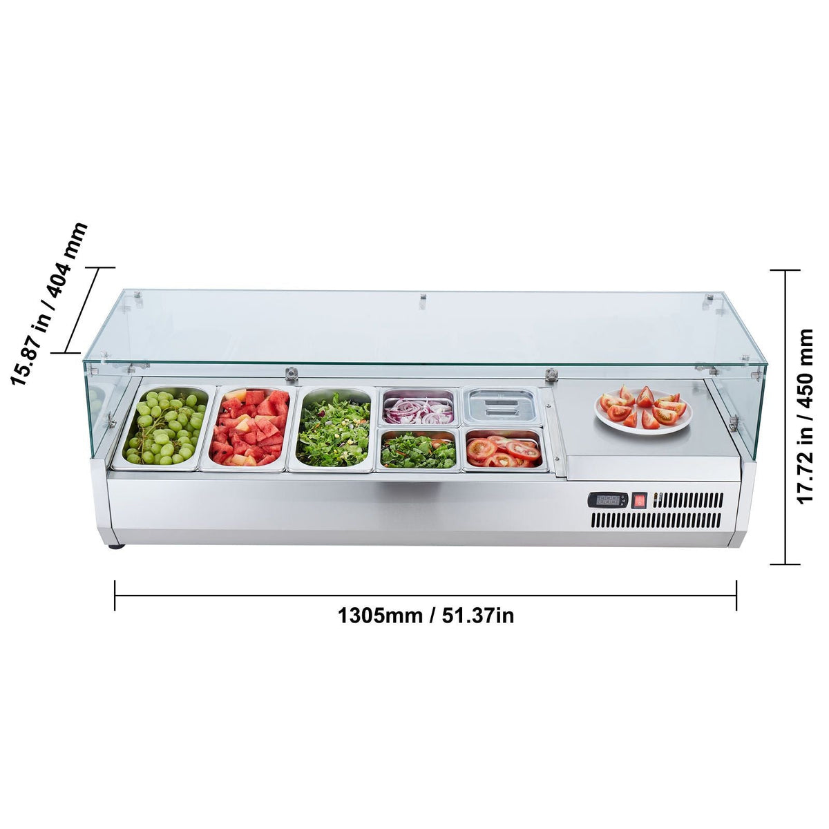 Refrigerated Condiment Prep Station, 140 W Countertop Refrigerated Condiment Station, with 3 1/3 Pans & 4 1/6 Pans, 304 Stainless Body and PC Lid, Sandwich Prep Table with Glass Guard, ETL