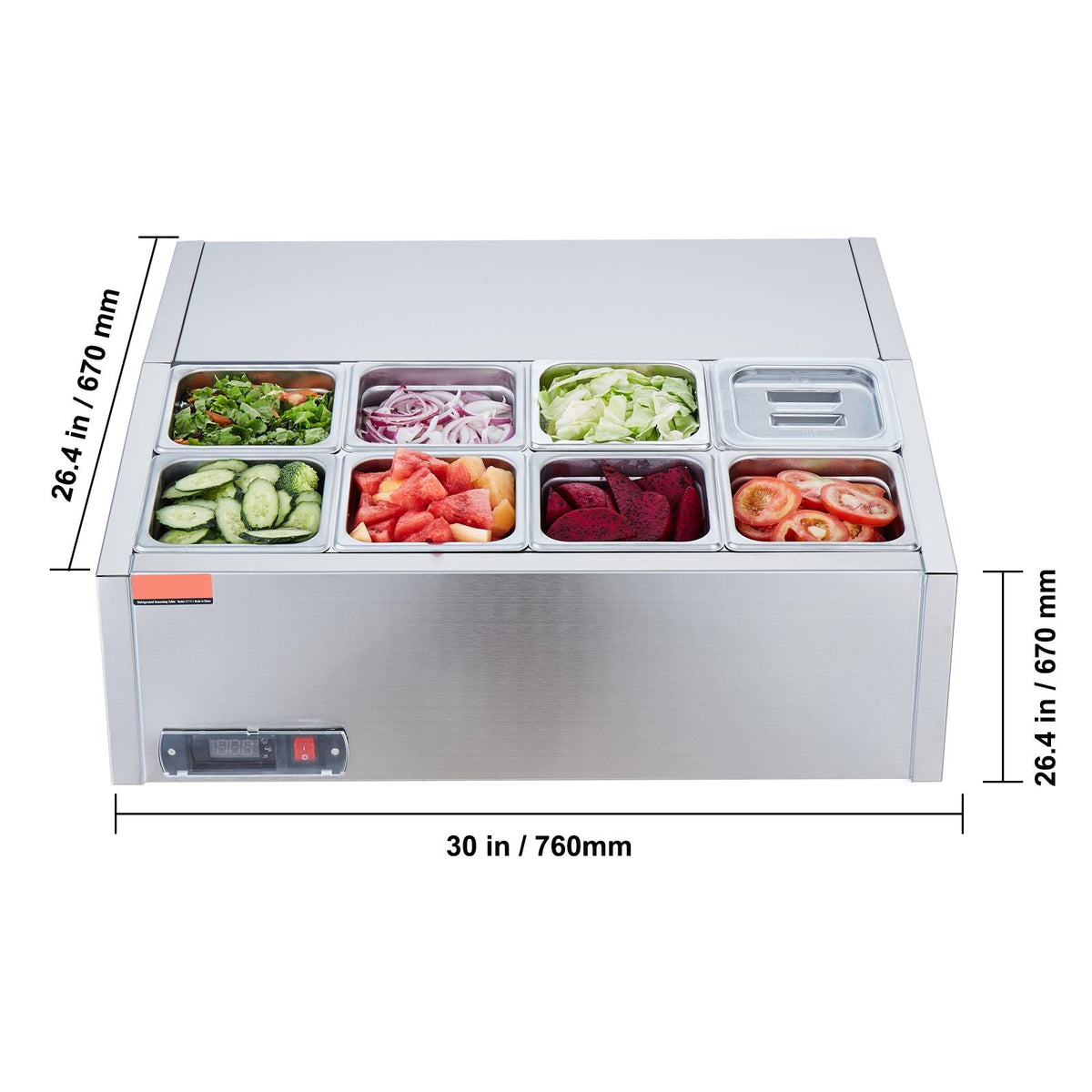 Refrigerated Condiment Prep Station, 140 W Countertop Refrigerated Condiment Station, with 8 1/6 Pans, 304 Stainless Body and PC Lid, Sandwich Prep Table with Stainless Steel Guard, ETL