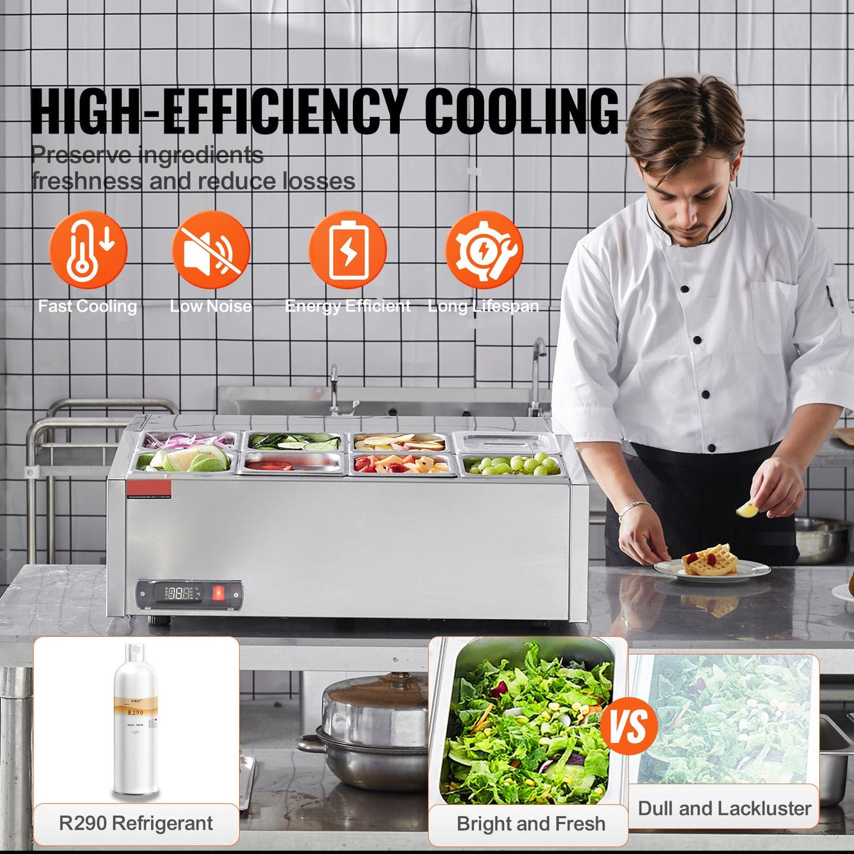 Refrigerated Condiment Prep Station, 140 W Countertop Refrigerated Condiment Station, with 8 1/6 Pans, 304 Stainless Body and PC Lid, Sandwich Prep Table with Stainless Steel Guard, ETL