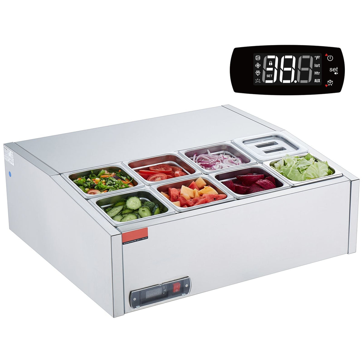 Refrigerated Condiment Prep Station, 140 W Countertop Refrigerated Condiment Station, with 8 1/6 Pans, 304 Stainless Body and PC Lid, Sandwich Prep Table with Stainless Steel Guard, ETL