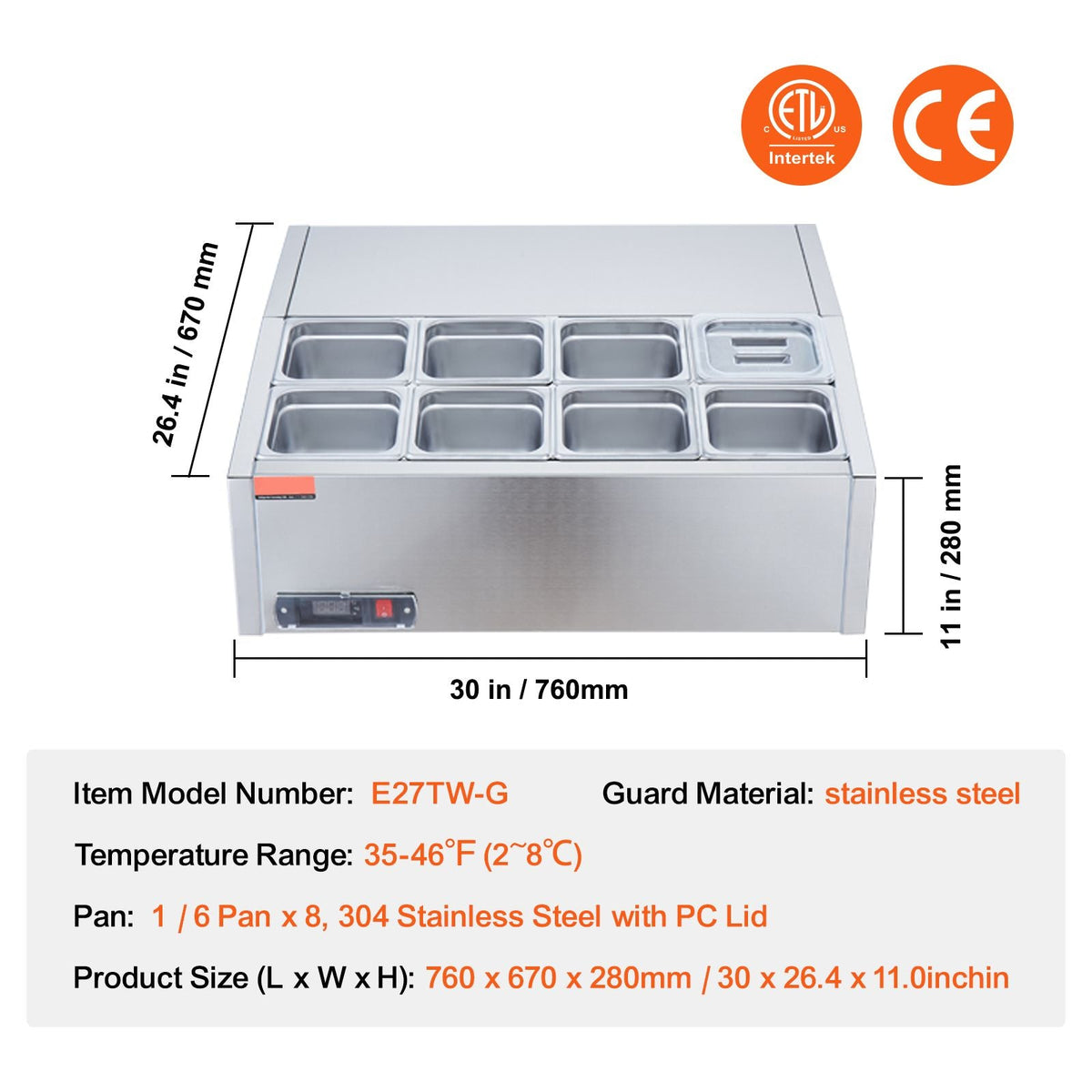 Refrigerated Condiment Prep Station, 140 W Countertop Refrigerated Condiment Station, with 8 1/6 Pans, 304 Stainless Body and PC Lid, Sandwich Prep Table with Stainless Steel Guard, ETL