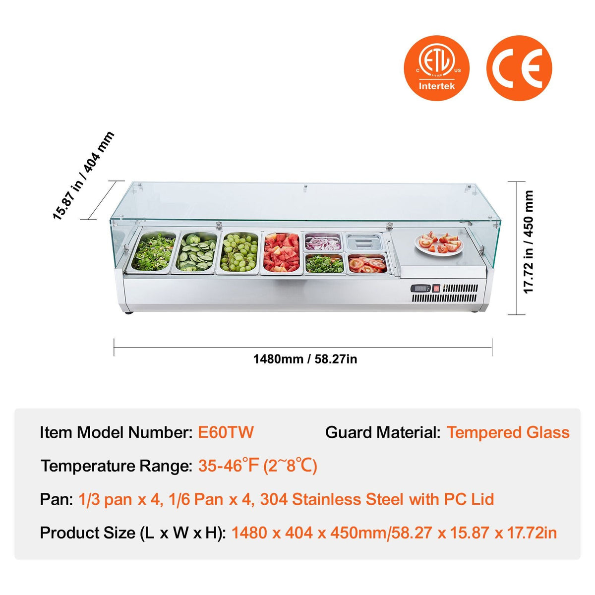 Refrigerated Condiment Prep Station, 150 W Countertop Refrigerated Condiment Station, with 4 1/3 Pans & 4 1/6 Pans, 304 Stainless Body and PC Lid, Sandwich Prep Table with Glass Guard, ETL