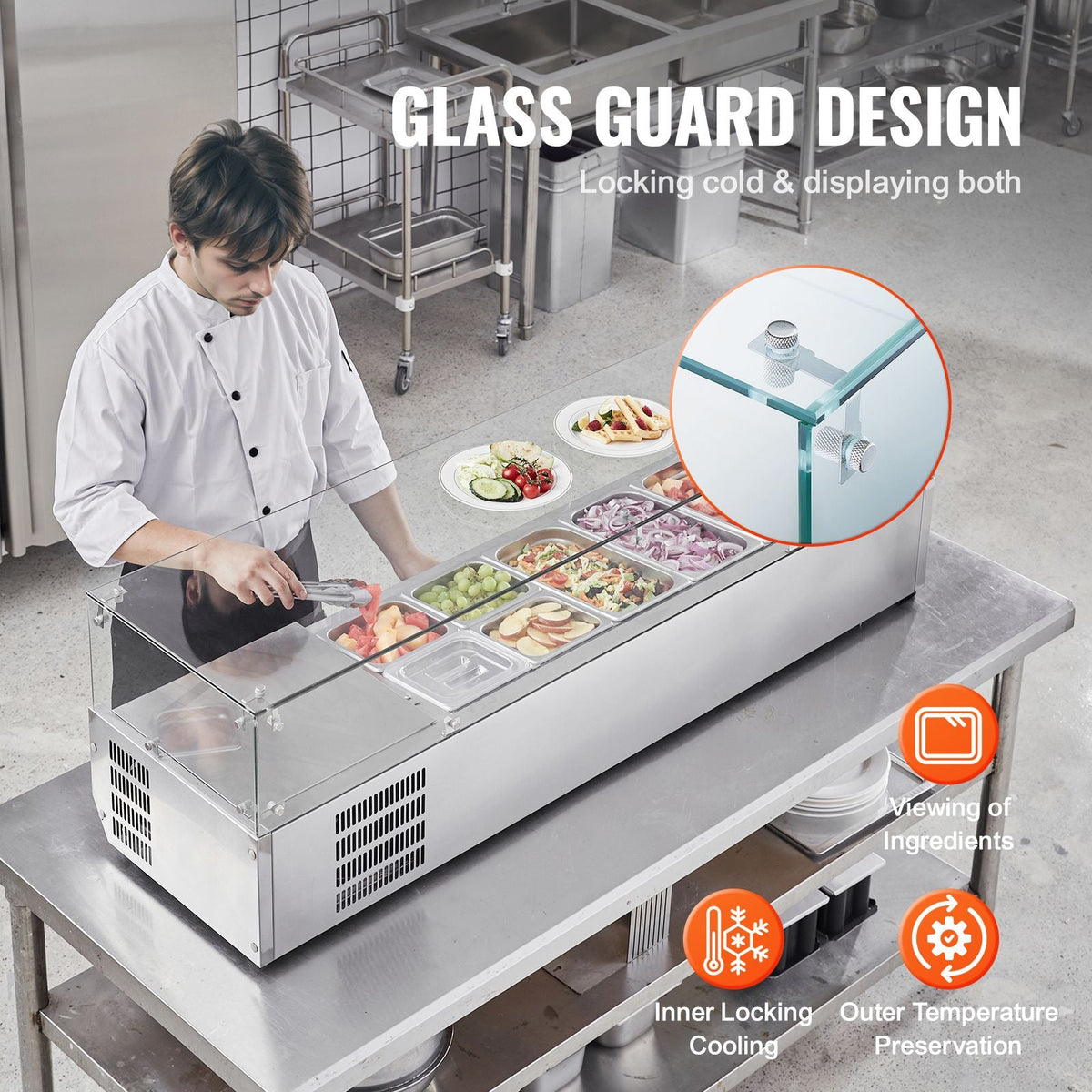 Refrigerated Condiment Prep Station, 150 W Countertop Refrigerated Condiment Station, with 4 1/3 Pans & 4 1/6 Pans, 304 Stainless Body and PC Lid, Sandwich Prep Table with Glass Guard, ETL
