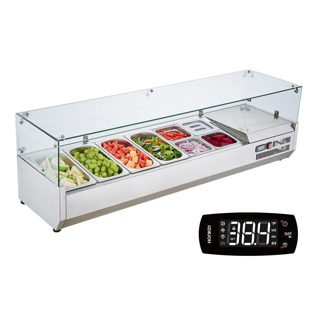 Refrigerated Condiment Prep Station, 150 W Countertop Refrigerated Condiment Station, with 4 1/3 Pans & 4 1/6 Pans, 304 Stainless Body and PC Lid, Sandwich Prep Table with Glass Guard, ETL