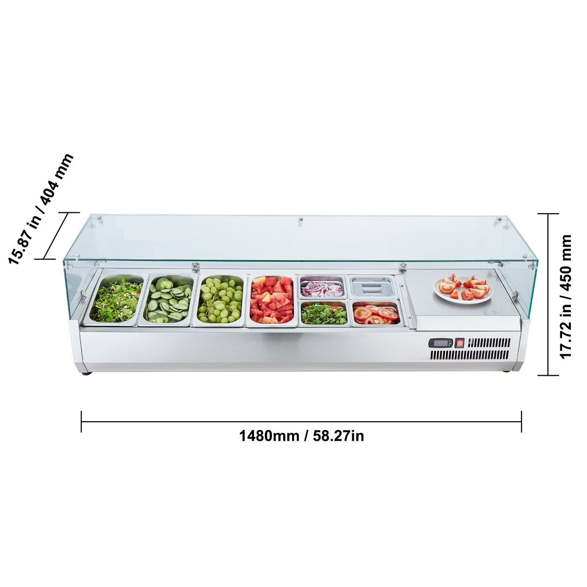 Refrigerated Condiment Prep Station, 150 W Countertop Refrigerated Condiment Station, with 4 1/3 Pans & 4 1/6 Pans, 304 Stainless Body and PC Lid, Sandwich Prep Table with Glass Guard, ETL