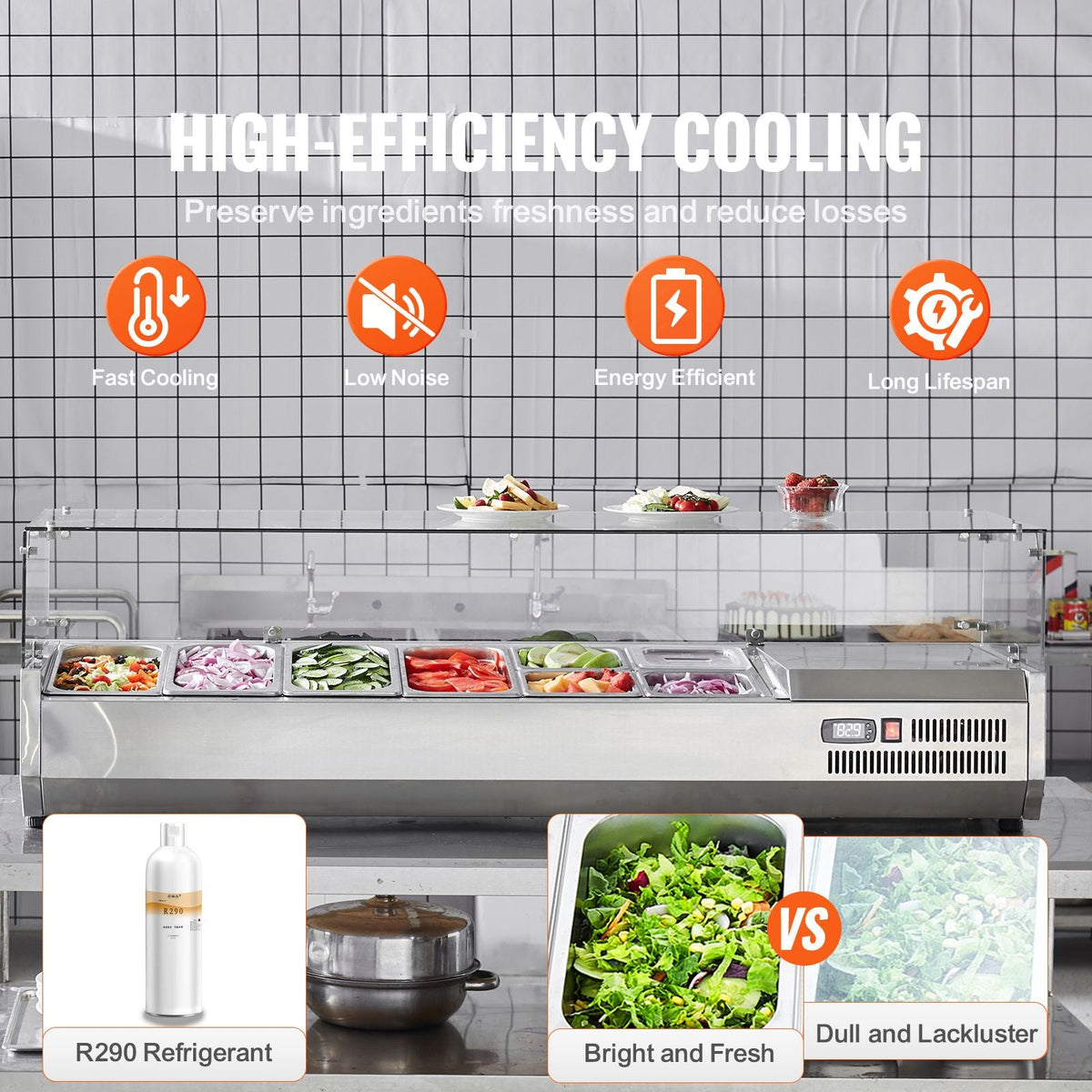 Refrigerated Condiment Prep Station, 150 W Countertop Refrigerated Condiment Station, with 4 1/3 Pans & 4 1/6 Pans, 304 Stainless Body and PC Lid, Sandwich Prep Table with Glass Guard, ETL