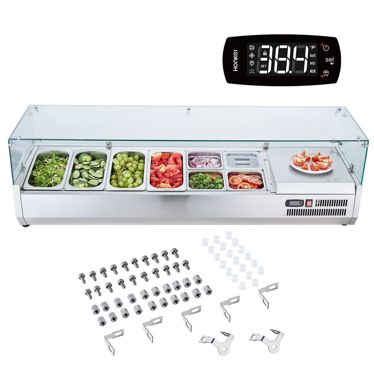Refrigerated Condiment Prep Station, 150 W Countertop Refrigerated Condiment Station, with 4 1/3 Pans & 4 1/6 Pans, 304 Stainless Body and PC Lid, Sandwich Prep Table with Glass Guard, ETL