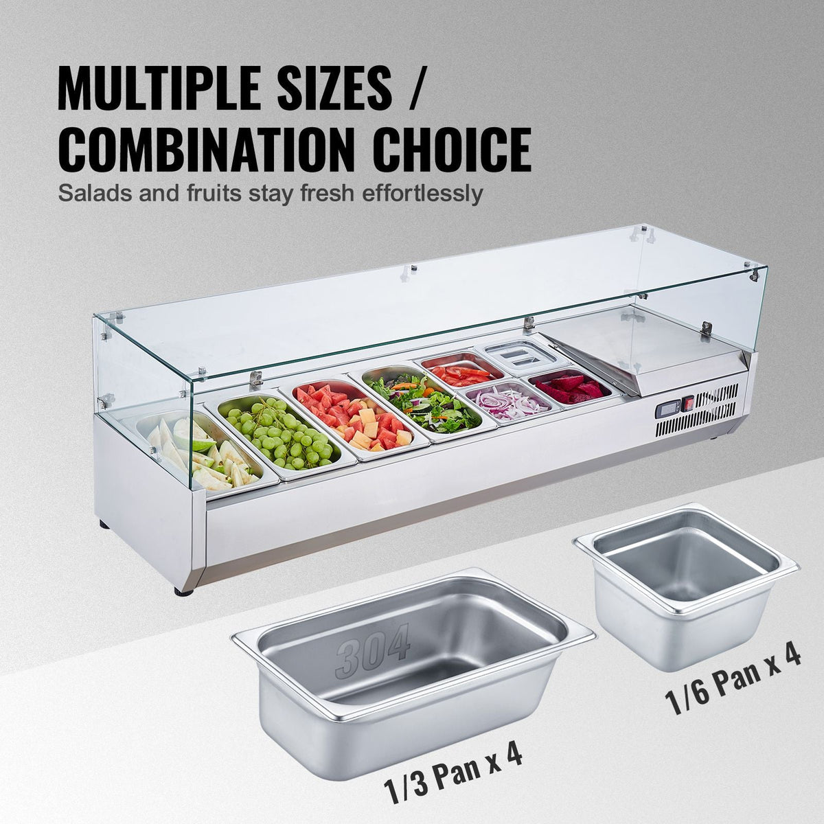 Refrigerated Condiment Prep Station, 150 W Countertop Refrigerated Condiment Station, with 4 1/3 Pans & 4 1/6 Pans, 304 Stainless Body and PC Lid, Sandwich Prep Table with Glass Guard, ETL