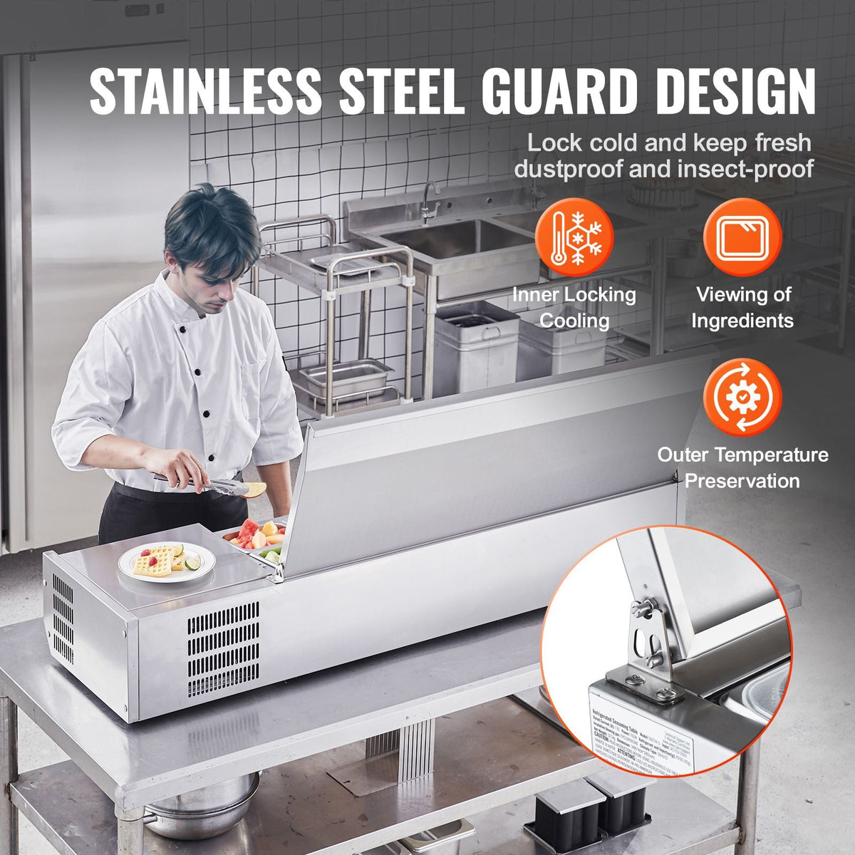 Refrigerated Condiment Prep Station, 150 W Countertop Refrigerated Condiment Station, with 4 1/3 Pans & 4 1/6 Pans, 304 Stainless Body and PC Lid, Sandwich Prep Table with Stainless Guard, ETL