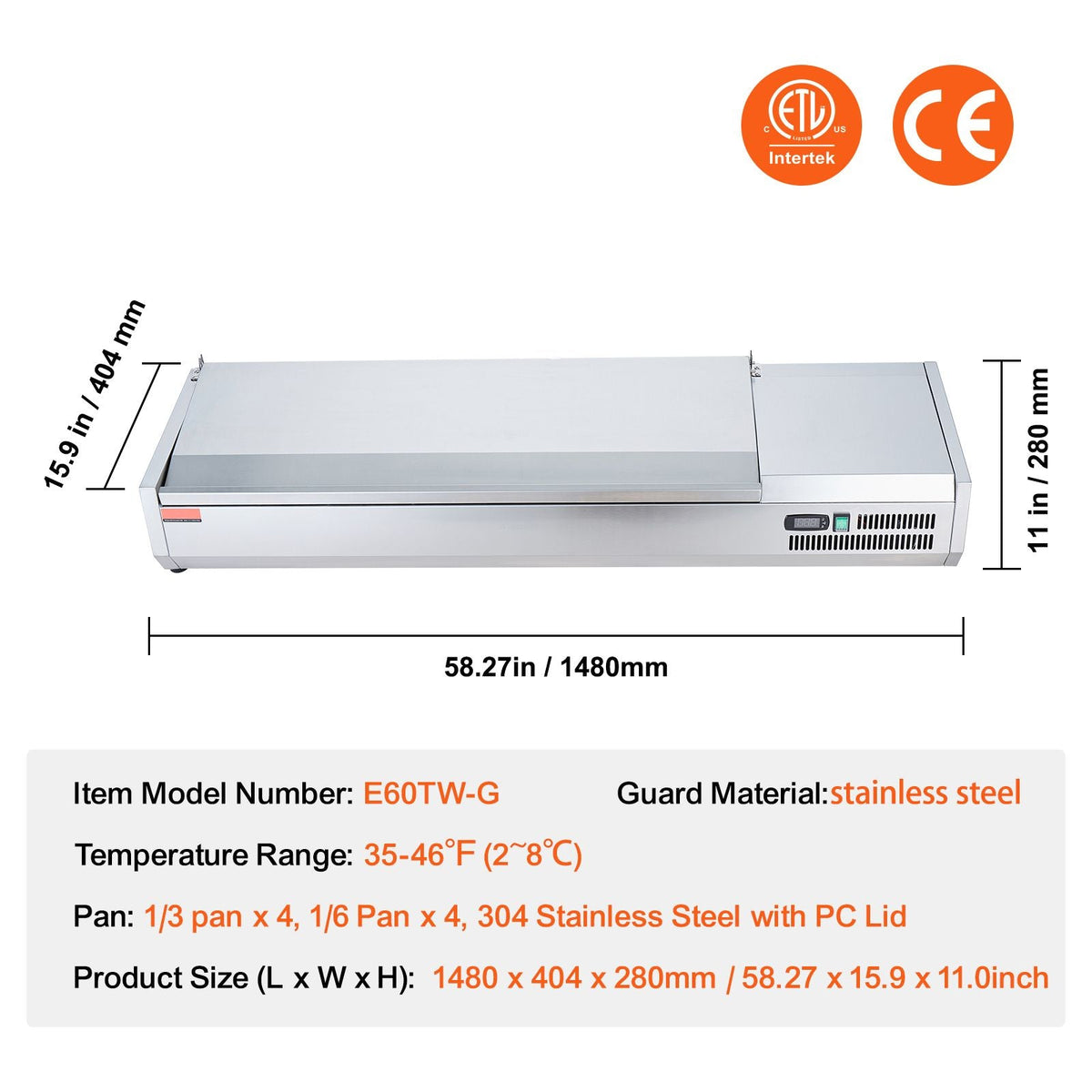 Refrigerated Condiment Prep Station, 150 W Countertop Refrigerated Condiment Station, with 4 1/3 Pans & 4 1/6 Pans, 304 Stainless Body and PC Lid, Sandwich Prep Table with Stainless Guard, ETL