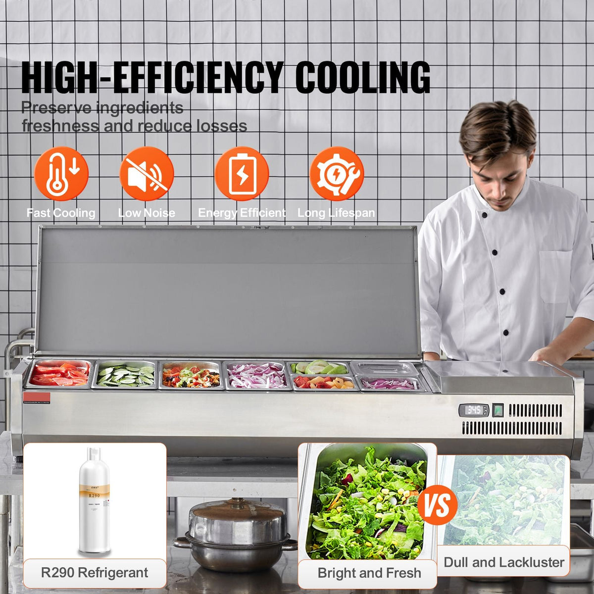 Refrigerated Condiment Prep Station, 150 W Countertop Refrigerated Condiment Station, with 4 1/3 Pans & 4 1/6 Pans, 304 Stainless Body and PC Lid, Sandwich Prep Table with Stainless Guard, ETL