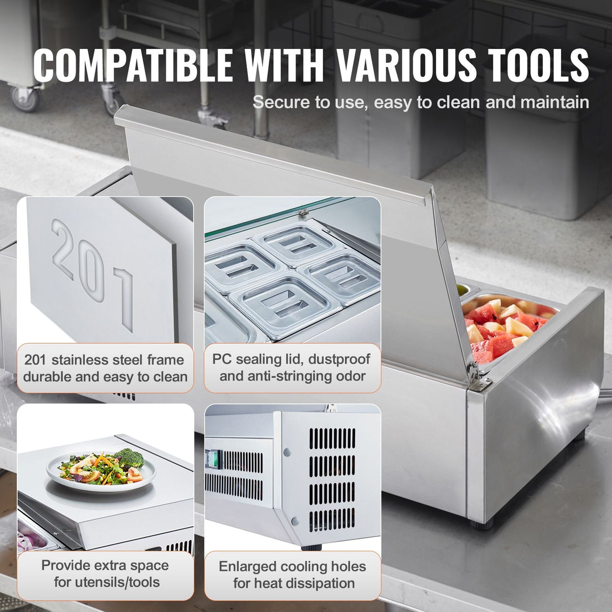 Refrigerated Condiment Prep Station, 150 W Countertop Refrigerated Condiment Station, with 4 1/3 Pans & 4 1/6 Pans, 304 Stainless Body and PC Lid, Sandwich Prep Table with Stainless Guard, ETL