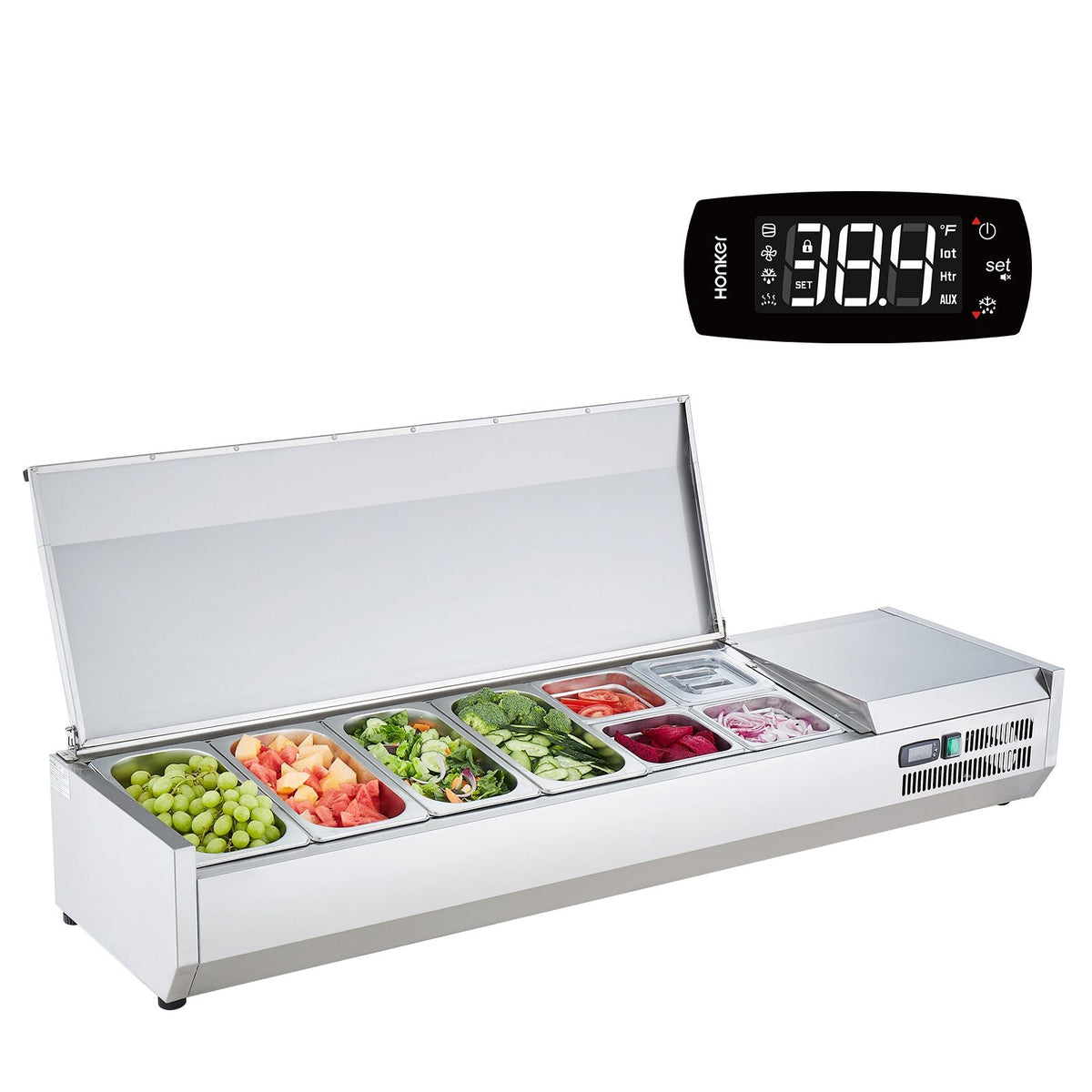 Refrigerated Condiment Prep Station, 150 W Countertop Refrigerated Condiment Station, with 4 1/3 Pans & 4 1/6 Pans, 304 Stainless Body and PC Lid, Sandwich Prep Table with Stainless Guard, ETL
