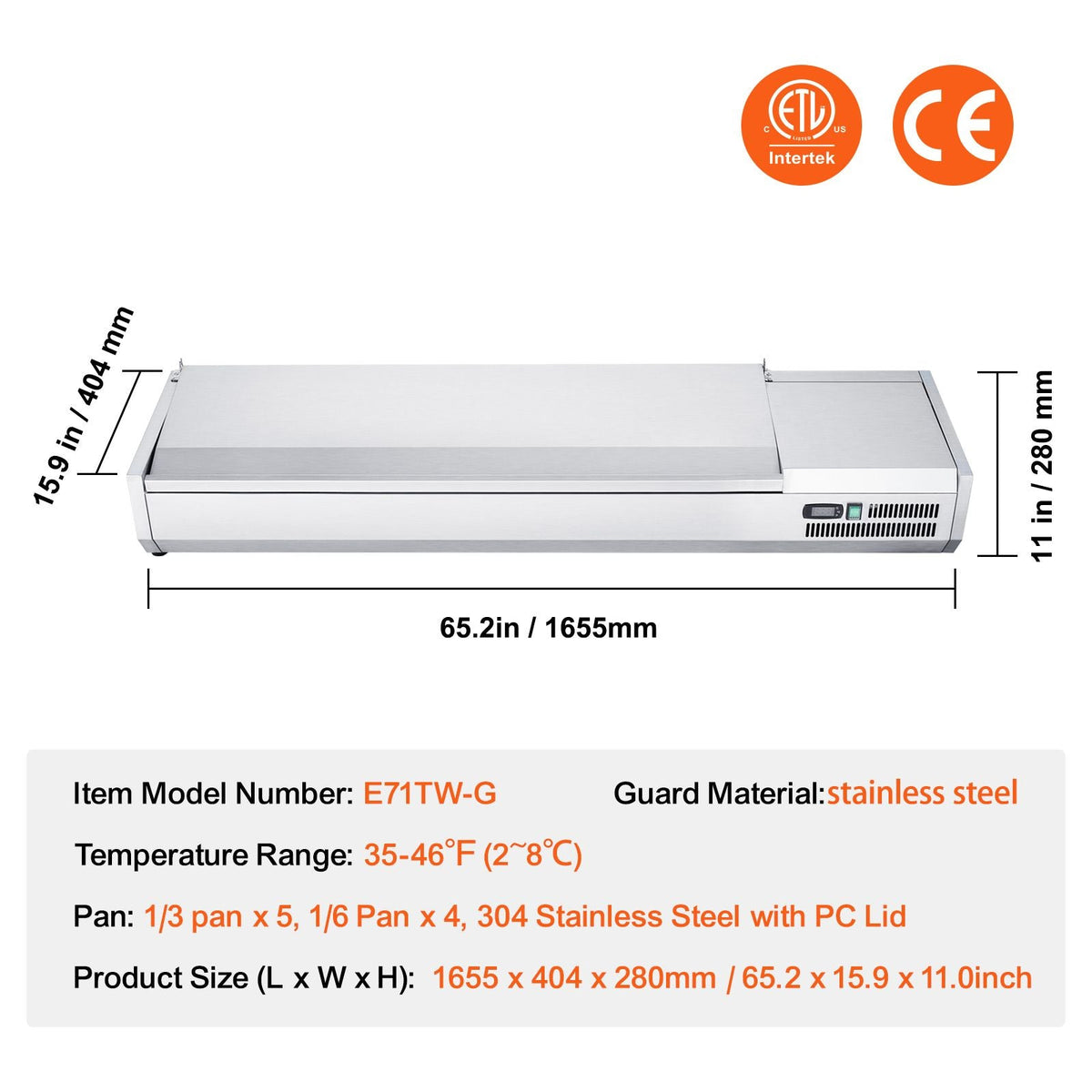 Refrigerated Condiment Prep Station, 160 W Countertop Refrigerated Condiment Station, with 5 1/3 Pans & 4 1/6 Pans, 304 Stainless Body and PC Lid, Sandwich Prep Table with Stainless Guard, ETL