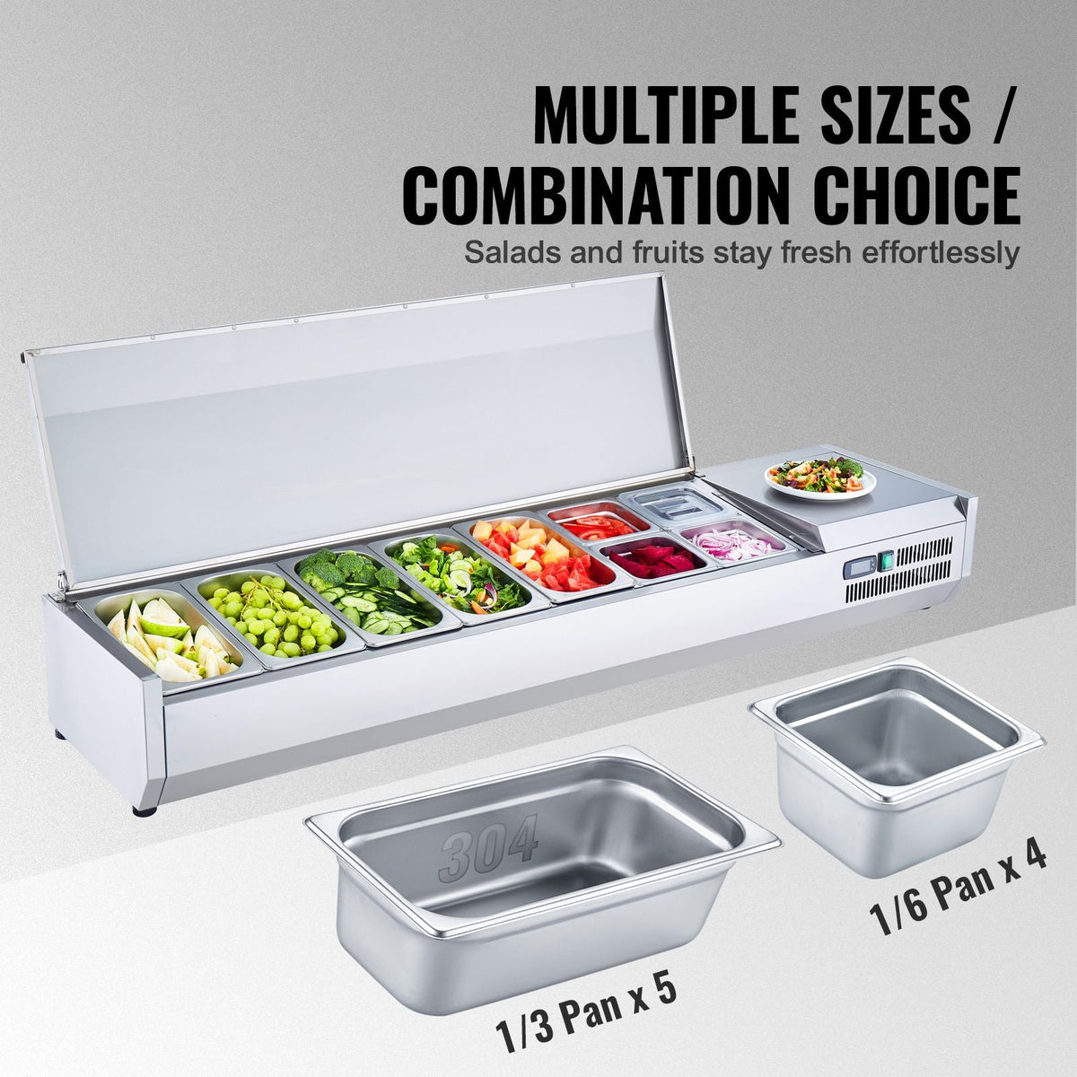 Refrigerated Condiment Prep Station, 160 W Countertop Refrigerated Condiment Station, with 5 1/3 Pans & 4 1/6 Pans, 304 Stainless Body and PC Lid, Sandwich Prep Table with Stainless Guard, ETL