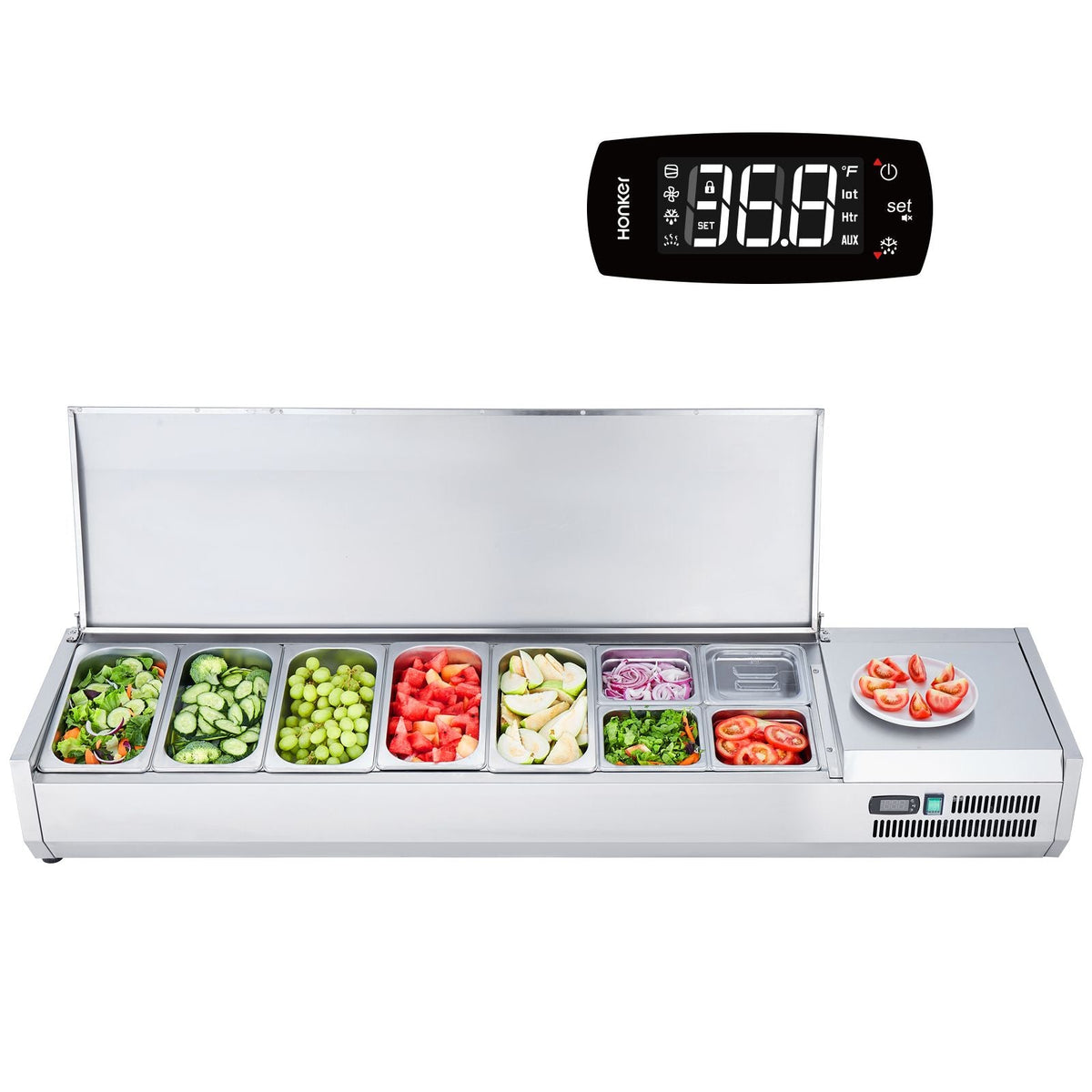 Refrigerated Condiment Prep Station, 160 W Countertop Refrigerated Condiment Station, with 5 1/3 Pans & 4 1/6 Pans, 304 Stainless Body and PC Lid, Sandwich Prep Table with Stainless Guard, ETL