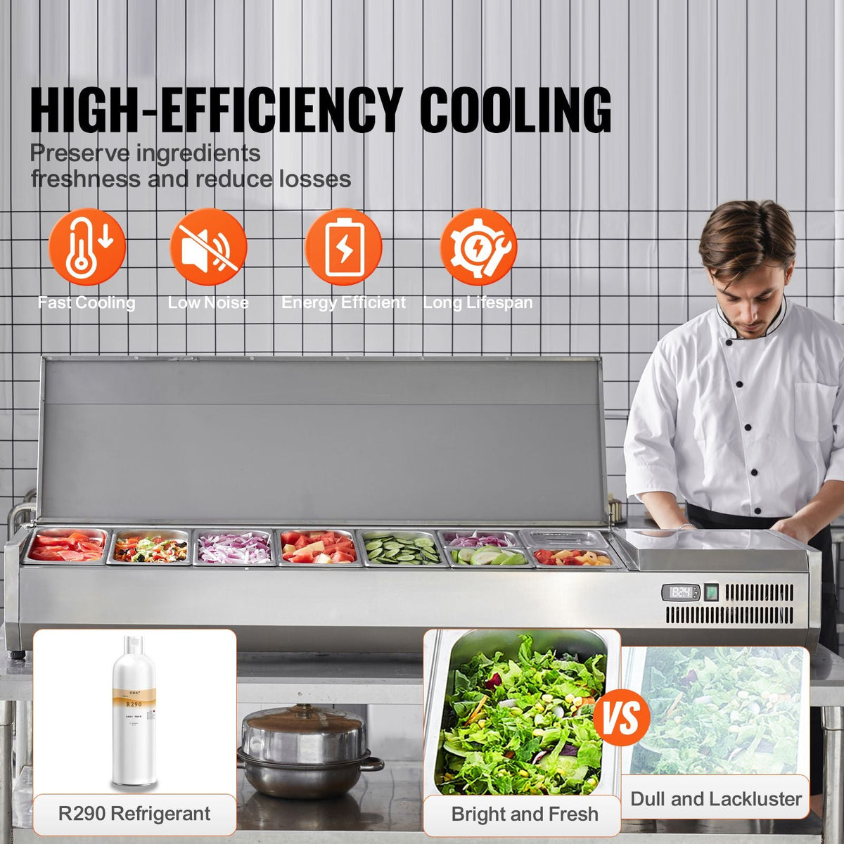 Refrigerated Condiment Prep Station, 160 W Countertop Refrigerated Condiment Station, with 5 1/3 Pans & 4 1/6 Pans, 304 Stainless Body and PC Lid, Sandwich Prep Table with Stainless Guard, ETL