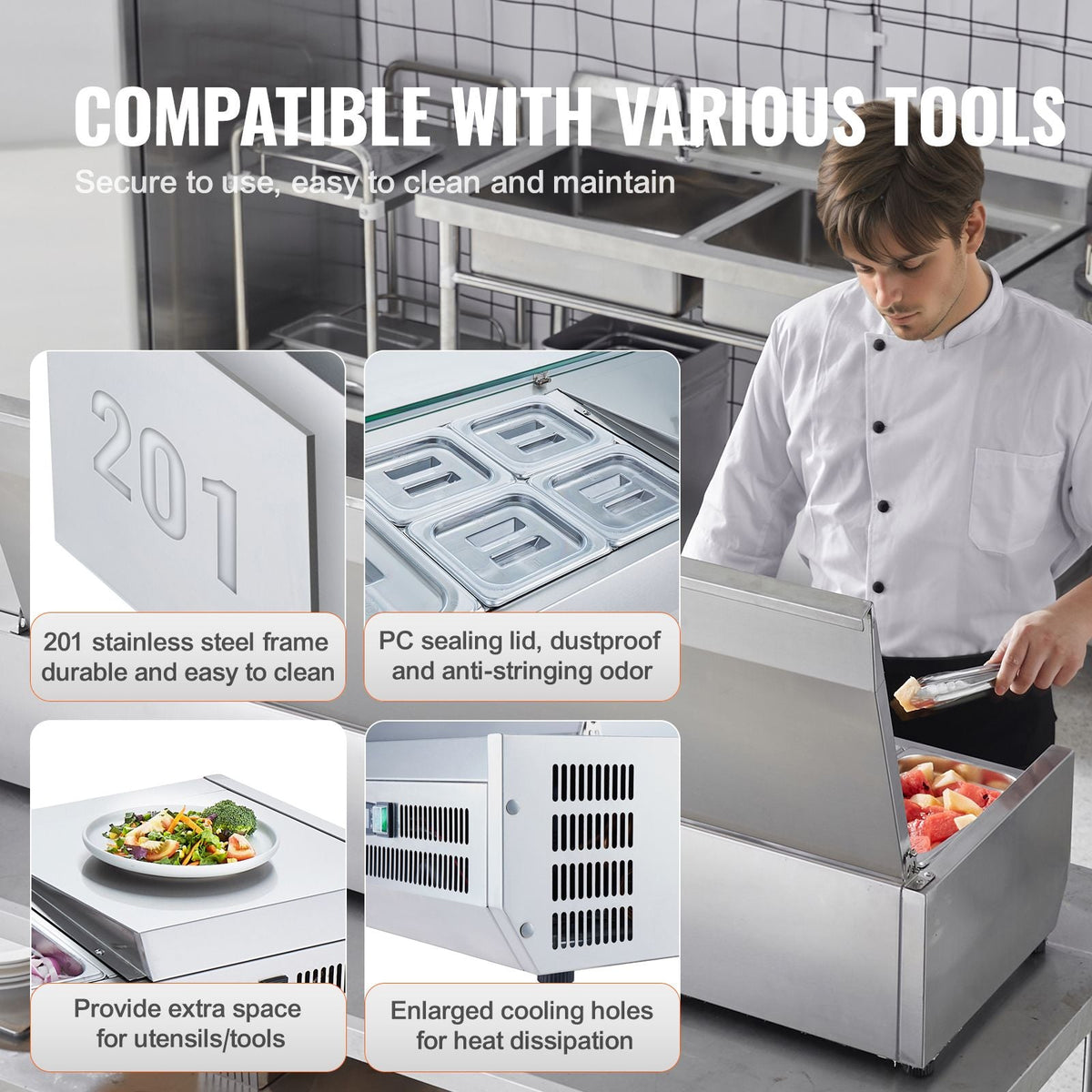 Refrigerated Condiment Prep Station, 160 W Countertop Refrigerated Condiment Station, with 5 1/3 Pans & 4 1/6 Pans, 304 Stainless Body and PC Lid, Sandwich Prep Table with Stainless Guard, ETL