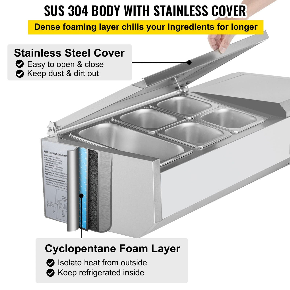 Refrigerated Condiment Prep Station, 40-Inch, 7.8 Qt Sandwich/Salad Prep Table with 1 1/3 Pan & 4 1/6 Pans, 150W Salad Bar with 304 Stainless Body and Cover Temp Adjuster One-Click Defrosting